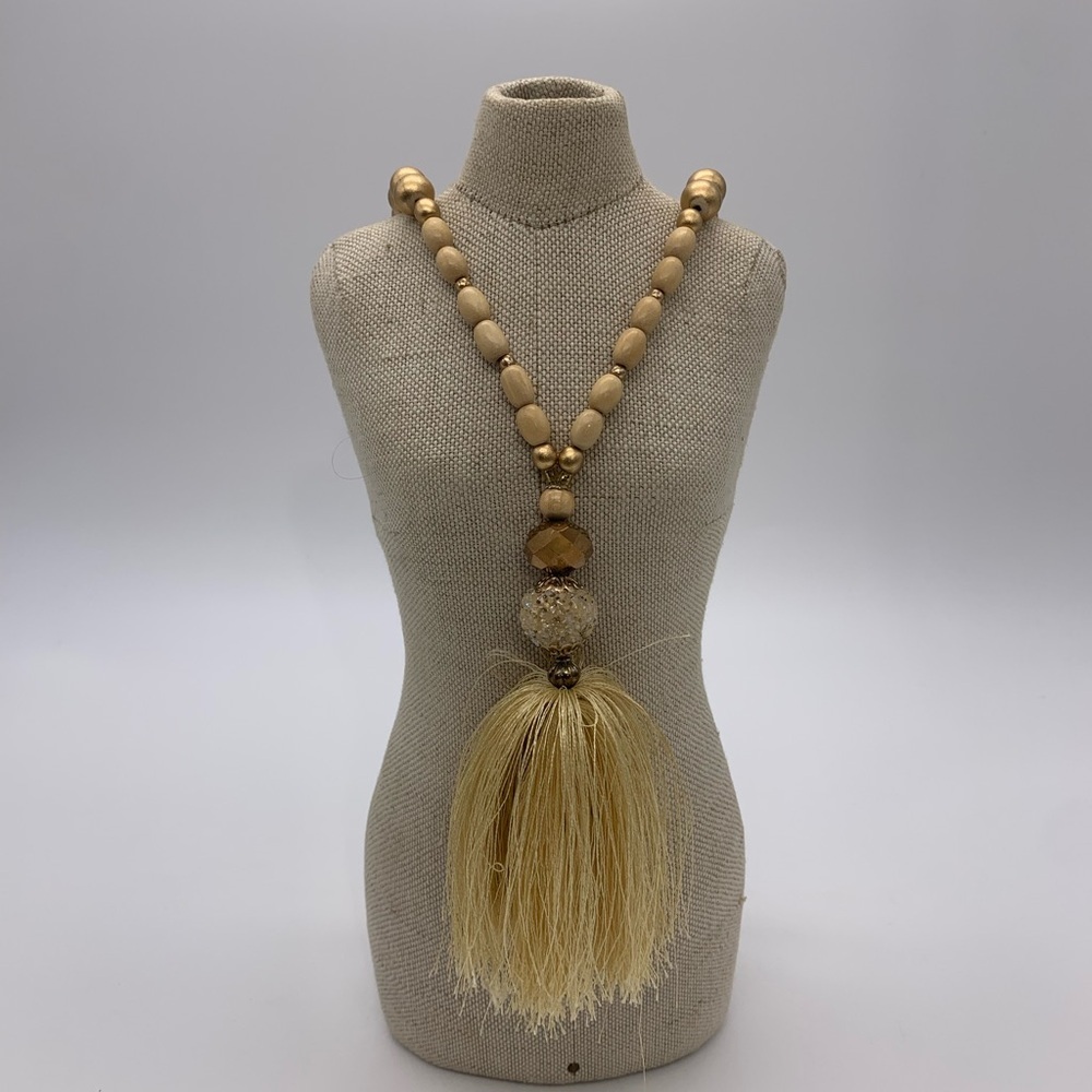 Long 32” Gold & Beige Wooden Beaded Necklace With  Iridescent Tassel Pendant